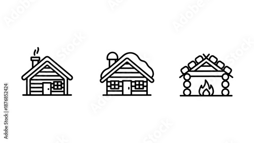 Various Log Cabin and Mountain Hut Architecture Icons Featuring Snow-Covered Roofs and Cozy Interior Fireplaces