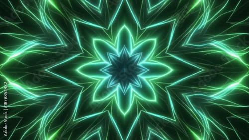 Neon teal and green kaleidoscope star pattern animation.
