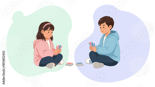 Boy And Girl Play Cards Sitting On The Floor Illustration