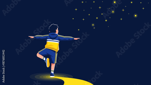 Boy Balancing Underneath Stars A Symbol Of Ambition And Dreaming Big