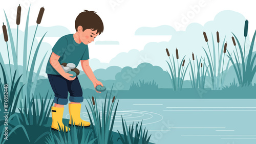 Boy Playing By the Lake Tossing Stones Illustration With Nature and Fun Activities