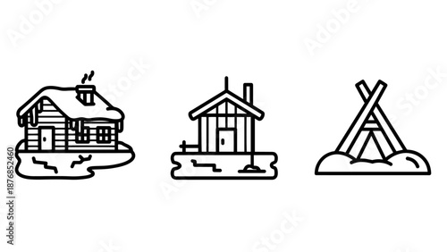 Traditional and Arctic Snowy Dwelling Icons Including Log Cabins, Stilt Houses, and Winter Tipis