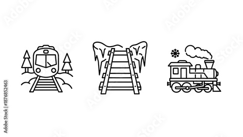 Winter Railway and Train Icons Featuring Locomotives on Snowy Tracks and Icy Rail Bridge Passages