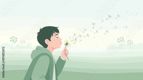 Boy Blowing Dandelion Seeds Wishing Enjoying Outdoors Moment of Innocence