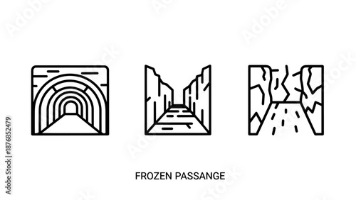 Frozen Passage and Ice Tunnel Icons Showcasing Archways, Rocky Canyons, and Cracked Glacial Pathways