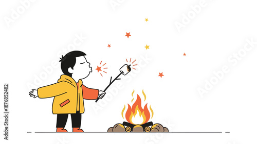 Boy Blowing On Marshmallow While Camping Beside Bonfire Illustration