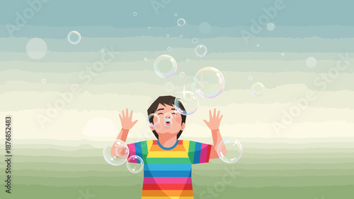 Boy Playing With Bubbles Expressing Joyful Childhood Activities