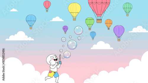 Boy Blowing Bubbles Among Hot Air Balloons In A Dreamy Cartoon Landscape