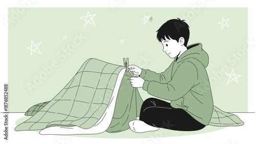 Boy Building A Cozy Blanket Fort With Starry Background Illustration