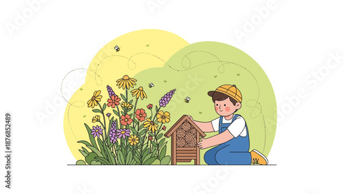 Boy Building A Bee House In The Garden Flowers And Bees Around Illustration