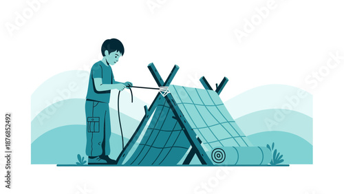 Boy Building A Shelter For Outdoor Adventure And Camp In Wilderness Forest