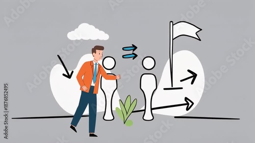 Animated business leadership concept with manager guiding team toward goals.