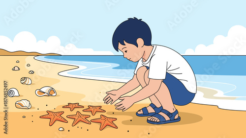 Boy Playing With Starfish On Sandy Seashore On A Sunny Day Illustration