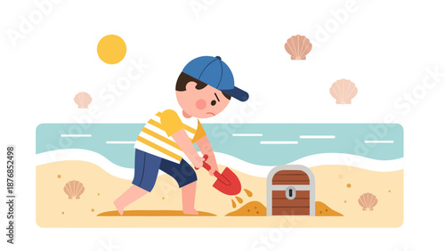 Boy Playing With Shovel By Treasure Chest On A Sunny Beach Day