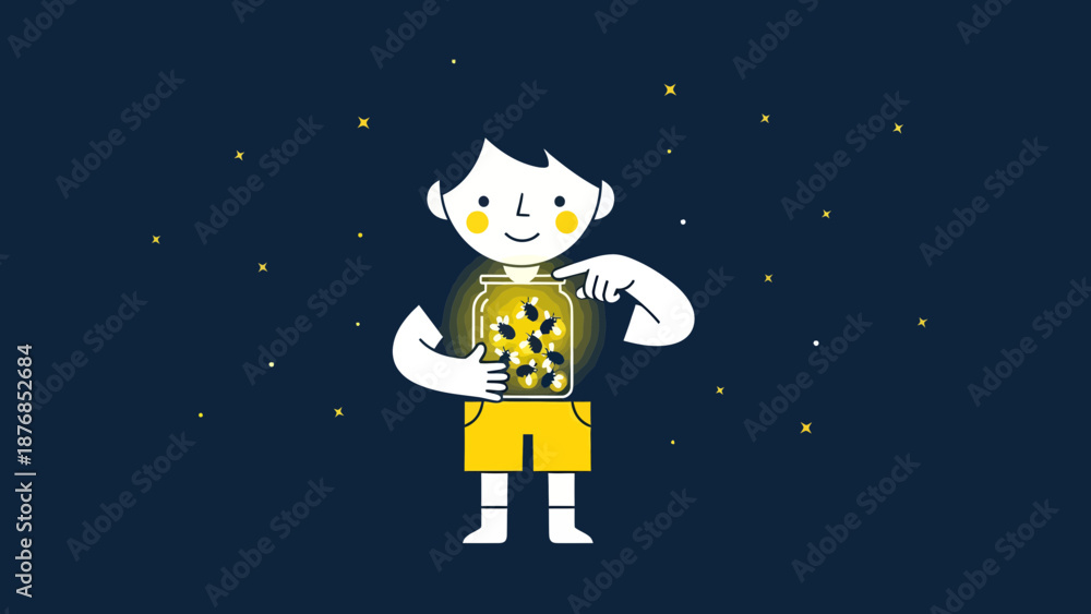 Fototapeta premium Boy Catching Fireflies In A Jar At Night Surrounded By Stars Illustration