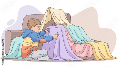 Boy Builds A Cozy Fort In Living Room From Couch And Blanket Sheets