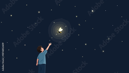 Boy Reaching For A Glowing Firefly In The Starry Night Sky Illustration