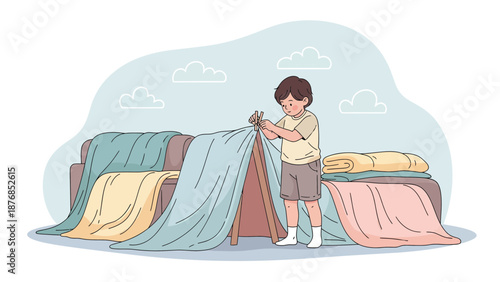 Boy Builds A Cozy Blanket Fort With Cushions And Clothes Pins Indoor Game