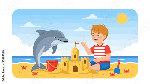 Boy Building Sandcastle Next To Dolphin Having Fun On Vacation At The Beach