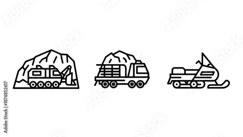 Heavy Duty Winter Maintenance Icons Featuring Snow Plow Machinery, Industrial Supply Truck, and Motorized Snowmobile for Arctic Logistics