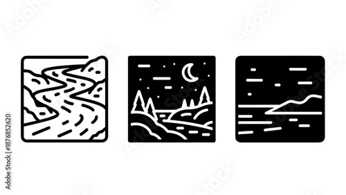 Winter Night Landscapes and Scenic Horizon Icons Illustrating Frozen River Trails, Mountain Moonlight, and Arctic Tundra Scenery