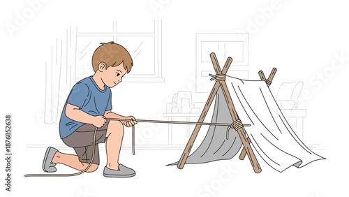 Boy Builds Homemade Fort Tent In Living Room With Blankets And Sticks