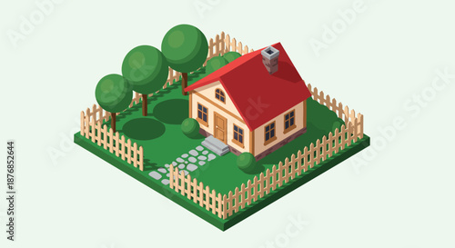 Isometric illustration of a cozy suburban house with a red roof, fenced garden, and lush green trees on a clean lawn area.
