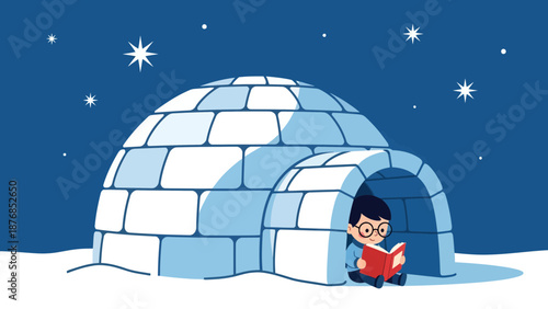Boy Reading Inside Igloo Under Starry Sky Cartoon Illustration Winter Scene