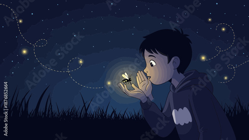 Boy Captures Firefly At Night Magic Scene Glowing Bug In Child Hands