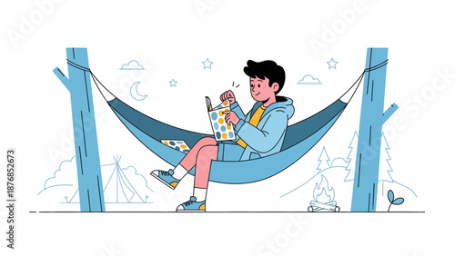 Boy Relaxing And Reading In A Hammock Under The Stars On A Camping Trip