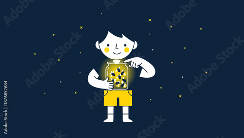 Boy Catching Fireflies In A Jar At Night Surrounded By Stars Illustration