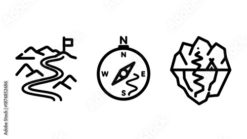 Exploration and Scouting Navigation Icons Featuring Mountain Path with Flag, Directional Compass, and Island Campsite with Tent