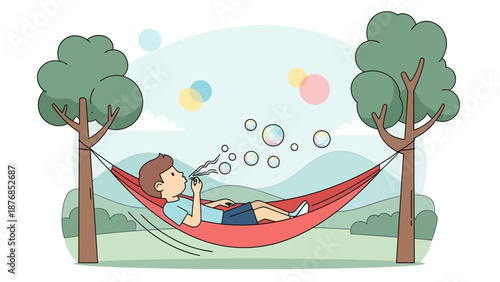 Boy Relaxing In Hammock Blowing Bubbles Under Trees On A Sunny Day