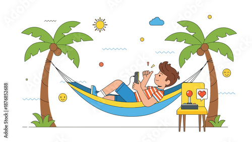 Boy Relaxing In Hammock On Tropical Beach Sending Likes In Social Media