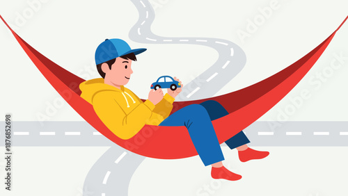 Boy Relaxing In Hammock Playing With Toy Car Dreaming About Traveling