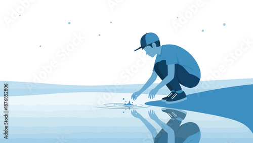 Boy Contemplating Reflection In Water Minimalist Illustration Peaceful Serene Scene