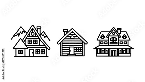 Mountain Architecture Chalet Icons showing Various Wooden Cabins and Ski Lodges