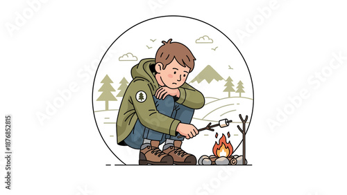 Boy Roasting Marshmallow at Campsite Enjoying Outdoors Adventure in Wilderness