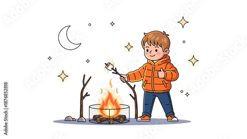 Boy Roasting Marshmallow Near Campfire Under Moonlight In The Wilderness