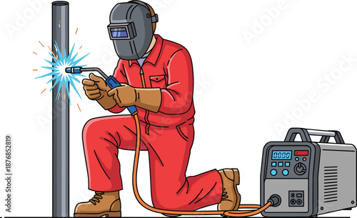  Professional Welder in Red Uniform Using Welding Torch on Metal Pipe, Industrial Worker with Protective Mask and Equipment Vector Illustration