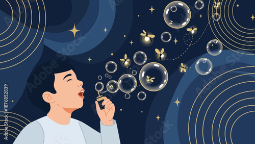 Boy Creates Magic Blowing Bubbles Full Of Fireflies Under Starry Sky