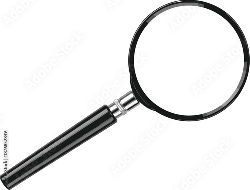 Realistic magnifying glass vector illustration with black handle, optical zoom tool for search and investigation concept, isolated loupe icon design.