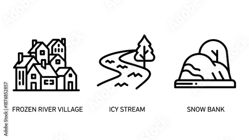 Winter Geography Labels for Frozen River Village Icy Stream and Snow Bank