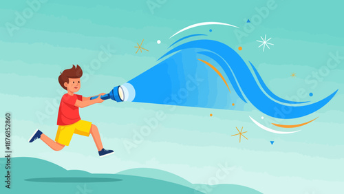 Boy Runs With Flashlight Illuminating Stream Of Light Cartoon Illustration