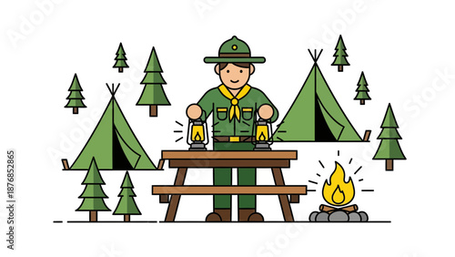 Boy Scout At Campsite With Fire Pit And Forest Tents In Background