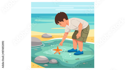 Boy Discovering A Starfish On The Tropical Beach In Summer Vacation