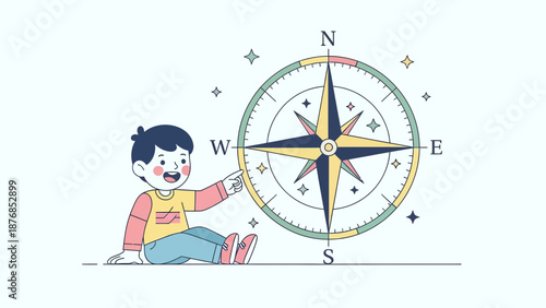 Boy Discovering Directions With Colorful Compass Illustration For Children