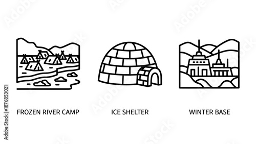 Arctic Expedition Settlement Icons Showing Frozen River Tents Igloo Shelter and Winter Research Base