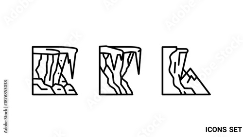 Set of three minimalist icons depicting stylized ice formations and rocky cliffs, perfect for winter or adventure themes.