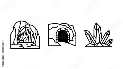 Set of three line art icons representing natural geological formations: an icy cavern, a mysterious cave entrance, and a cluster of crystals.